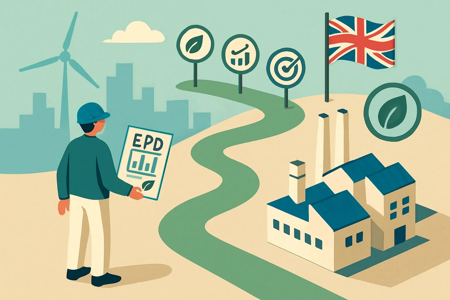 Generate an illustration for an article following this concept:
UK Clean Growth Strategy, decoded for manufacturers
The UK’s Clean Growth Strategy is not a museum piece. It still shapes how projects are planned, procured, and scored today. If your products land in UK tenders without robust EPDs, you hand easy points and carbon certainty to a rival. Here is the no‑nonsense path to stay visible in specs and win more often in the United Kingdom.
Ensure that you use no text, as this illustration will be used on international translations of the article..
Use an illustrative style (e.g. isometic) and don't generate in a photorealistic style.