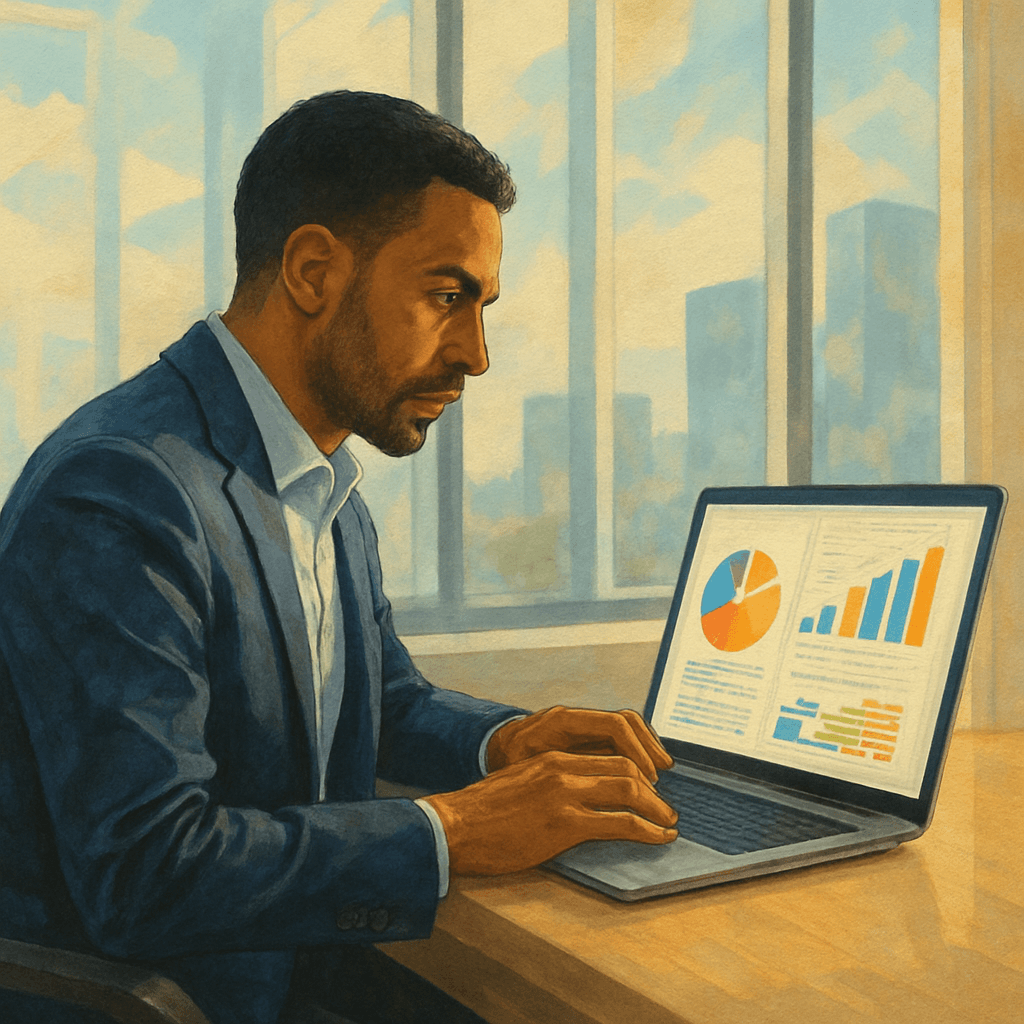 Professional reviewing data on a laptop in a bright office