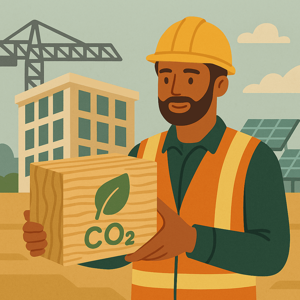 Construction worker holding eco-labeled building materials