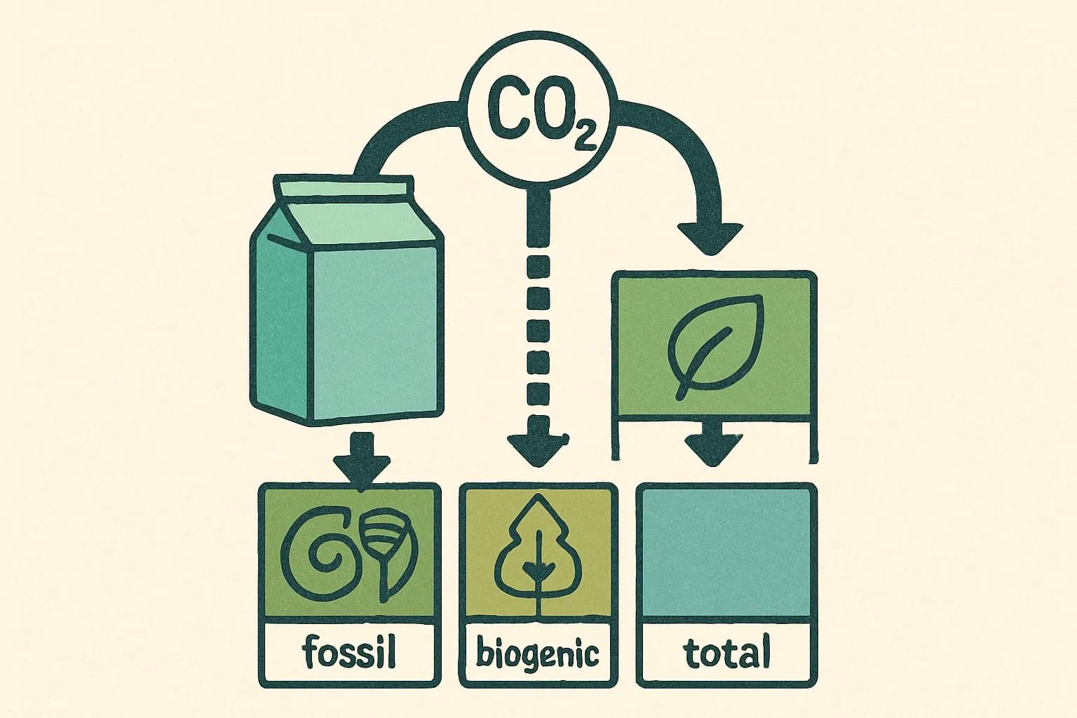 A four‑pane visual that shows one product icon with carbon arrows flowing into four labeled boxes: fossil, biogenic, land‑use change, and total, like a nutrition label.