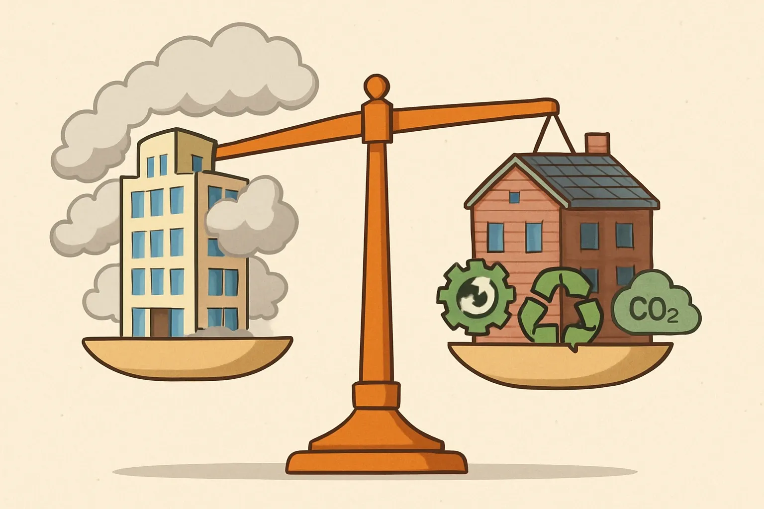 Two balancing scales: one side shows a new building piled with emissions clouds, the other a refurbished structure containing recycled parts and lower carbon icons.