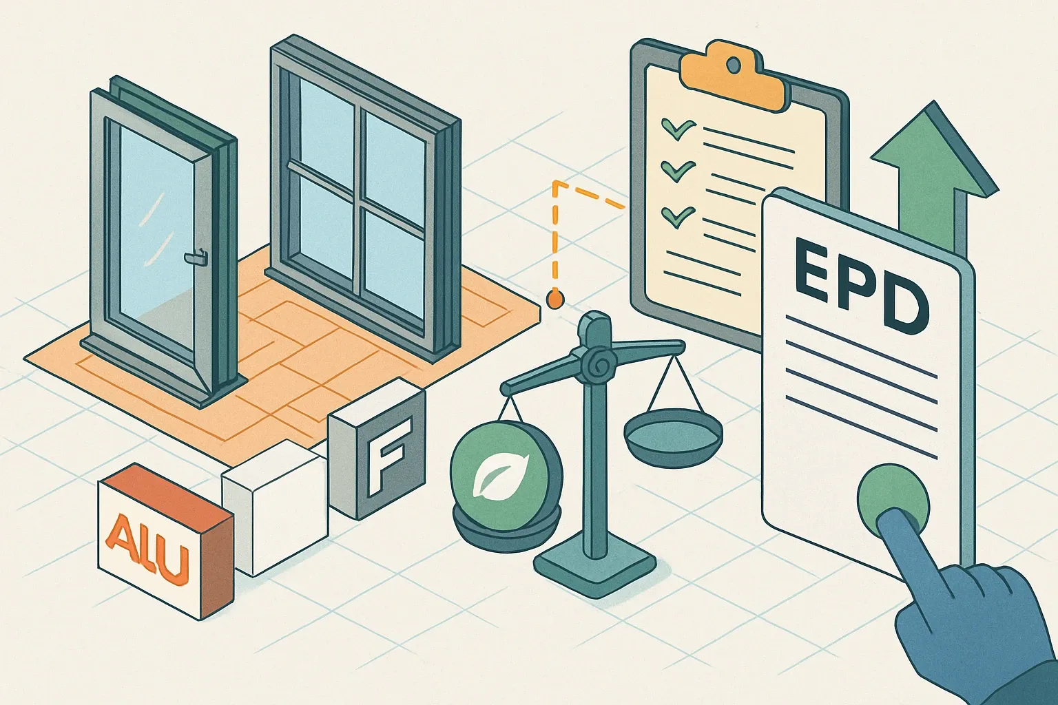 Generate an illustration for an article following this concept:
AluK and FEAL: Products and EPD coverage
Two familiar names in aluminum façades show up often on specs. Here is how their product range maps to today’s EPD landscape, what that means for bid preference, and where fast wins exist to close gaps without bogging down engineering time.
Ensure that you use no text, as this illustration will be used on international translations of the article..
Use an illustrative style (e.g. isometic) and don't generate in a photorealistic style.