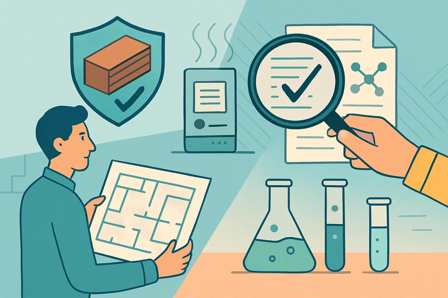 Generate an illustration for an article following this concept:
Healthy materials mean proof, not just an HPD
Architects asking for “healthy materials” are not asking for a single document. They are checking whether a product protects occupants today and steers clear of chemical regrets tomorrow. That scrutiny influences whether a product is shortlisted, how fast specs move, and how many clarifying emails your team fields. Win the review by separating ingredient transparency from actual human‑health performance, then showing airtight evidence across emissions, disclosure, and optimization.
Ensure that you use no text, as this illustration will be used on international translations of the article..
Use an illustrative style (e.g. isometic) and don't generate in a photorealistic style.