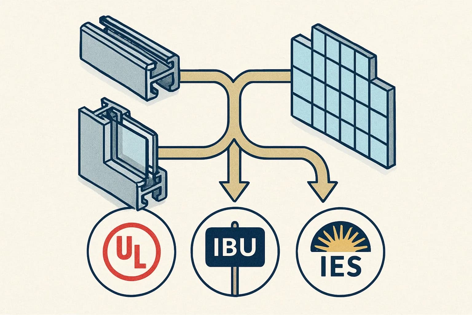A clean flow diagram showing choices from semi‑finished profiles to full curtain wall assemblies, branching to different Part B endpoints with icons for UL, IBU, and IES.