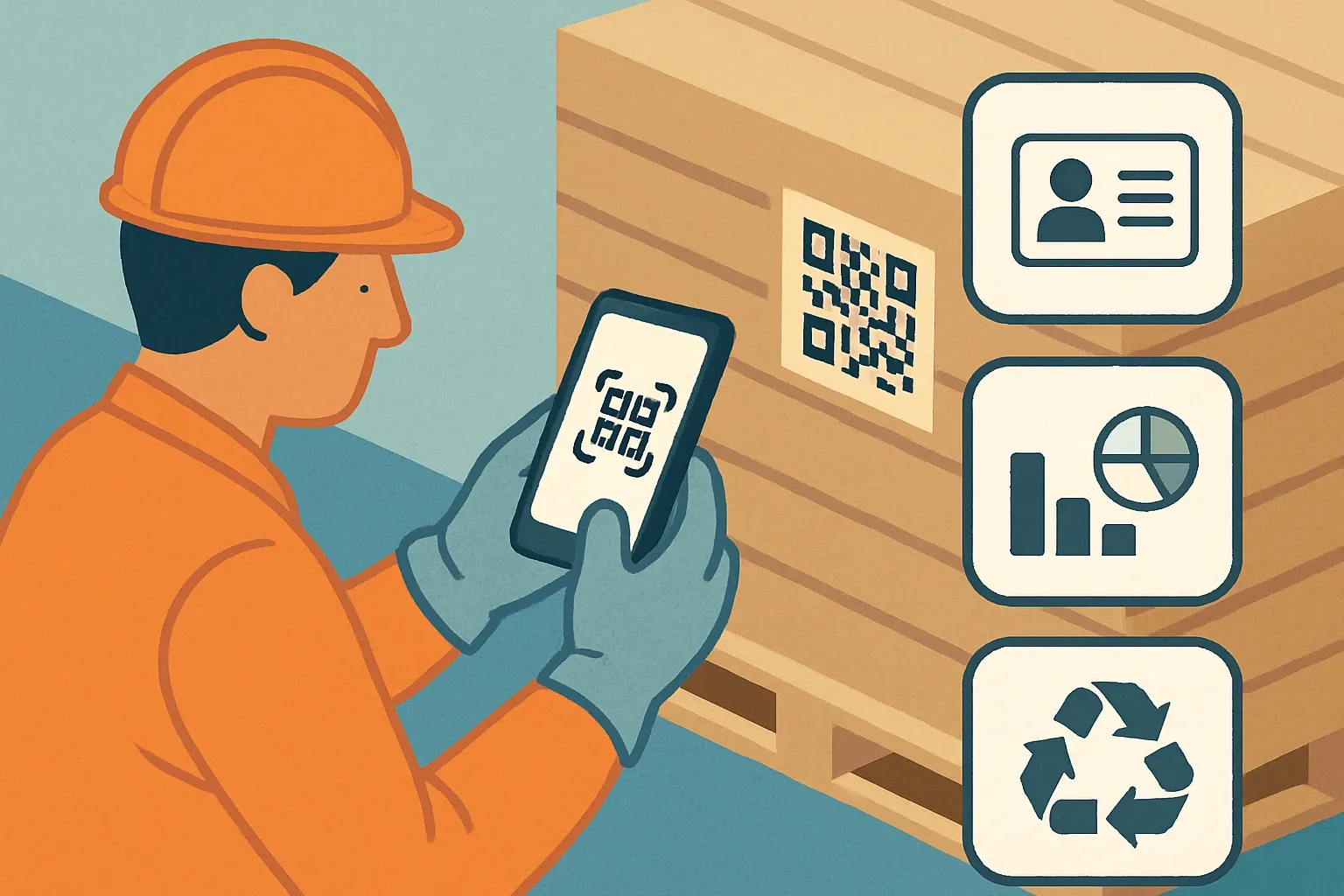 A gloved installer scans a QR on a pallet. Three simple panels float beside the phone showing identity, EPD snapshot, and end‑of‑life options.