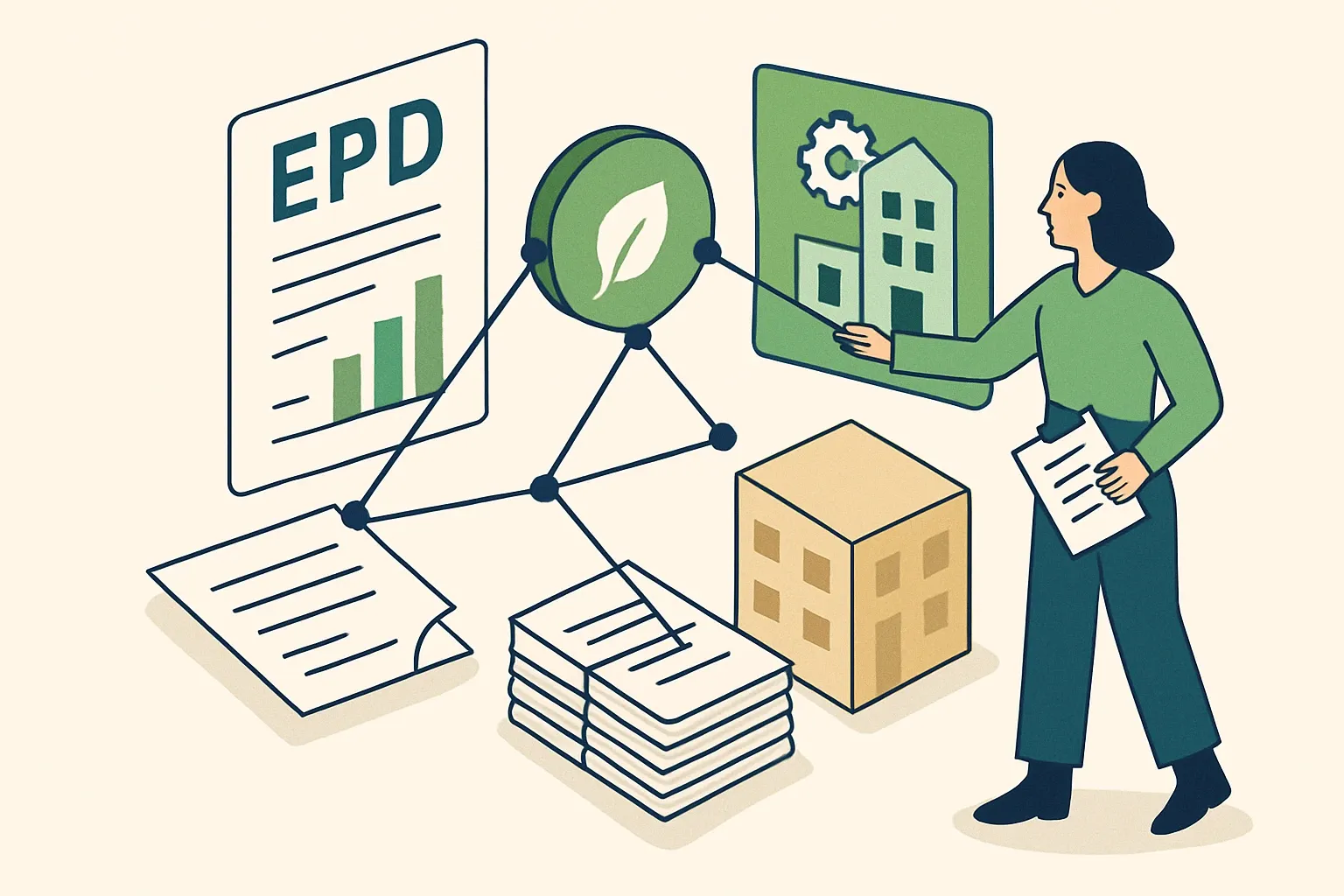 Generate an illustration for an article following this concept:
EPDs and LEED v5, simplified
If your product team is juggling EPD PDFs, submittals, and last‑minute LEED questions, you’re not alone. Ecochain’s overview connects the dots between EPDs and LEED. Here’s the distilled playbook for manufacturers, with what still matters in LEED v4.1 and what’s changing in v5 so you can get specified more often without the scramble.
Ensure that you use no text, as this illustration will be used on international translations of the article..
Use an illustrative style (e.g. isometic) and don't generate in a photorealistic style.