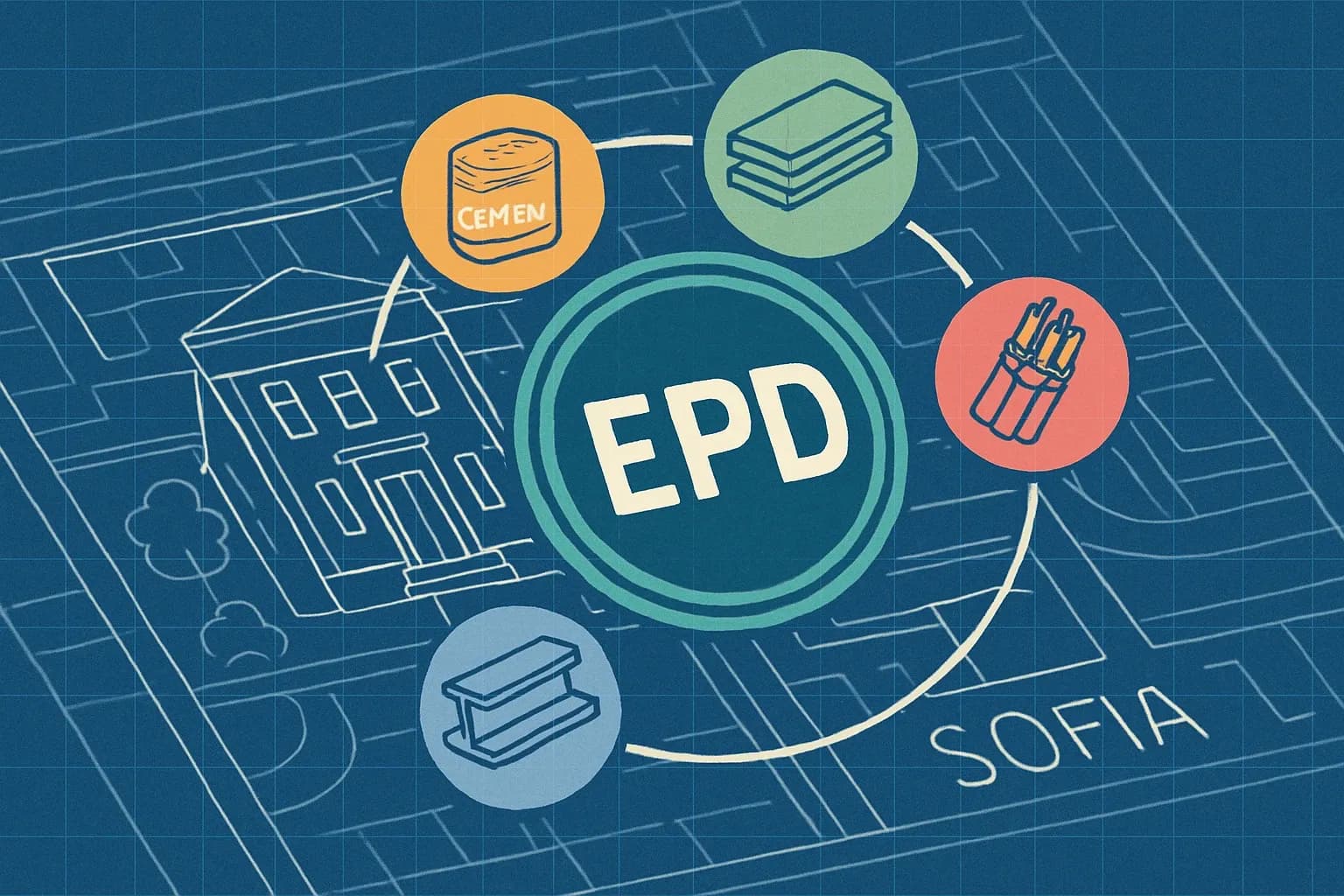 A stylized architectural plan of a building in Sofia with a prominent circular EPD seal overlay, icons for cement, insulation, steel, and cables orbiting it.