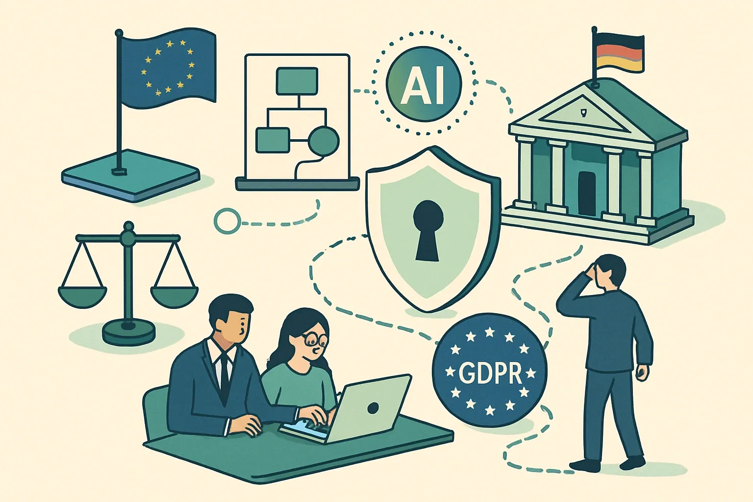 Generate an illustration for an article following this concept:
EU‑ready EPD platforms without the legal headaches
IT and legal teams in Europe ask hard questions before green‑lighting AI‑enabled EPD and LCA tools. What data goes in, where it lives, who can see it, and how AI is controlled are the make‑or‑break topics. Here is a practical map of controls that satisfy GDPR, align with German public‑sector expectations, and fit the EU AI Act timeline so pilots are not stalled at the starting line.
Ensure that you use no text, as this illustration will be used on international translations of the article..
Use an illustrative style (e.g. isometic) and don't generate in a photorealistic style.