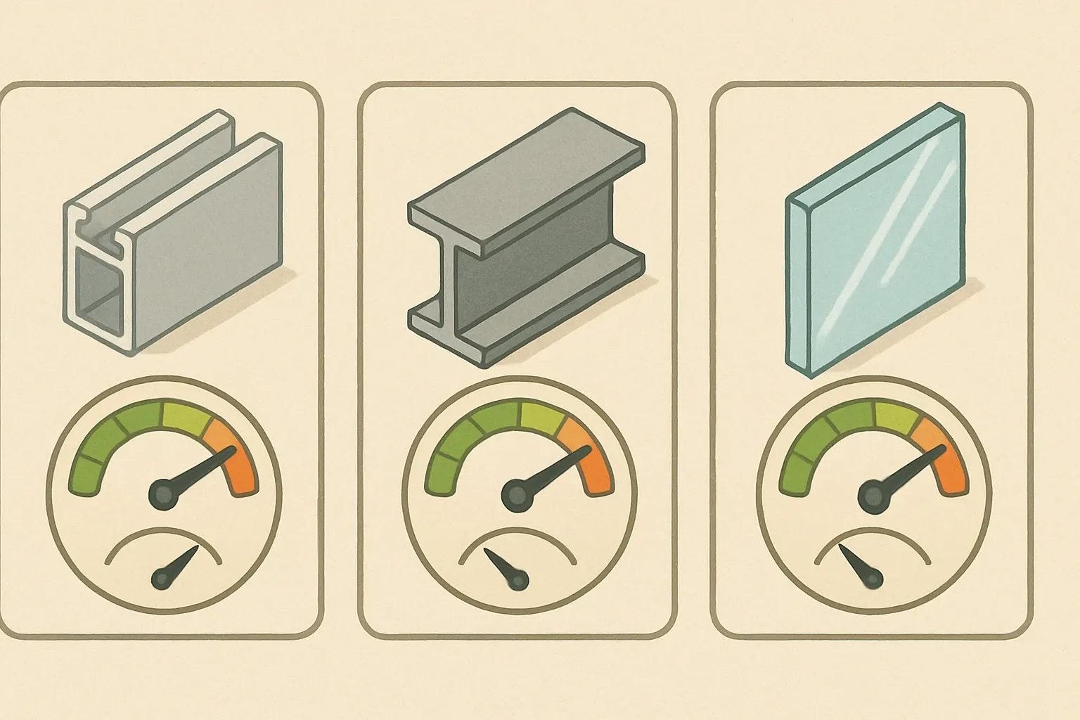 Side‑by‑side product cards for an aluminum profile, a steel beam, and a glass pane. Each card has a dial showing recycled content moving from low to high and a second dial showing GWP falling sharply while the product shape and specs remain visually identical.