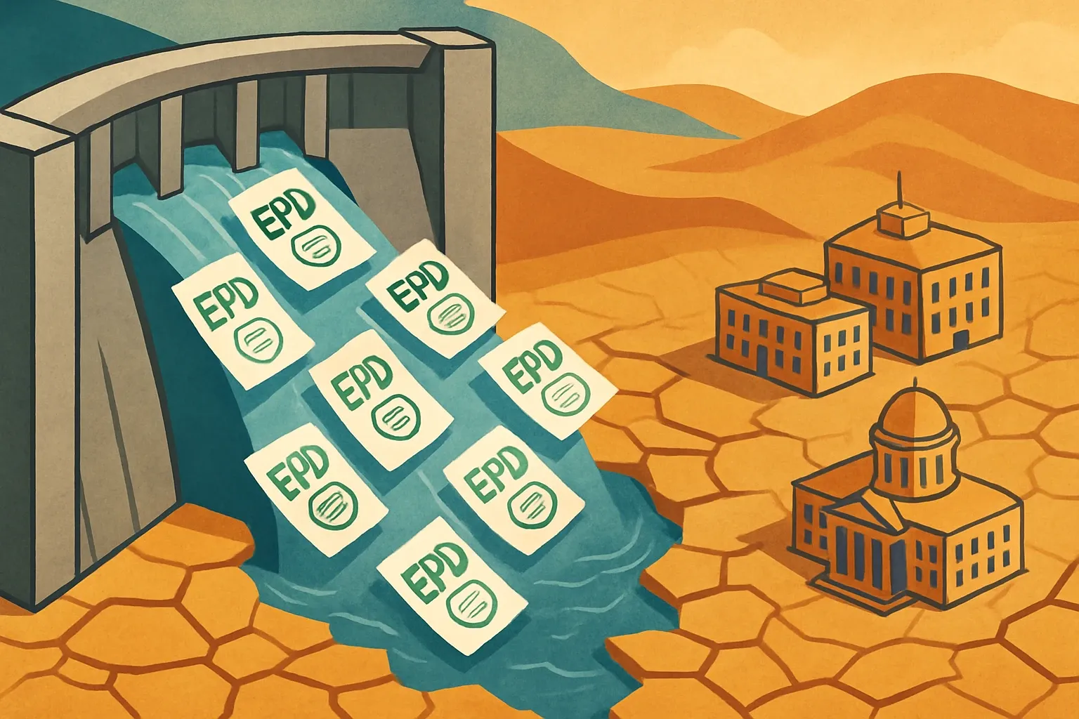 A dam labeled “SB 5810 Funding” releasing a controlled stream of icons representing EPD certificates into a parched valley of state agency buildings.