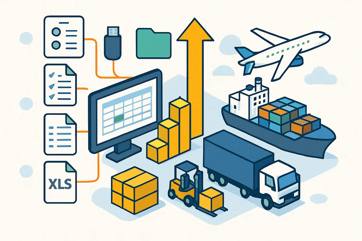 Generate an illustration for an article following this concept:
Turn Freight Exports Into A2/A4 Gold
Logistics data hides in five different places and six file formats. Yet it powers two of the most visible EPD modules: A2 for inbound and A4 for outbound. Pull one clean export with the right fields, and a messy web of shipments becomes a defensible model and a roadmap for carbon cuts. Better still, the same dataset supports the first declaration and future optimization without rework.
Ensure that you use no text, as this illustration will be used on international translations of the article..
Use an illustrative style (e.g. isometic) and don't generate in a photorealistic style.