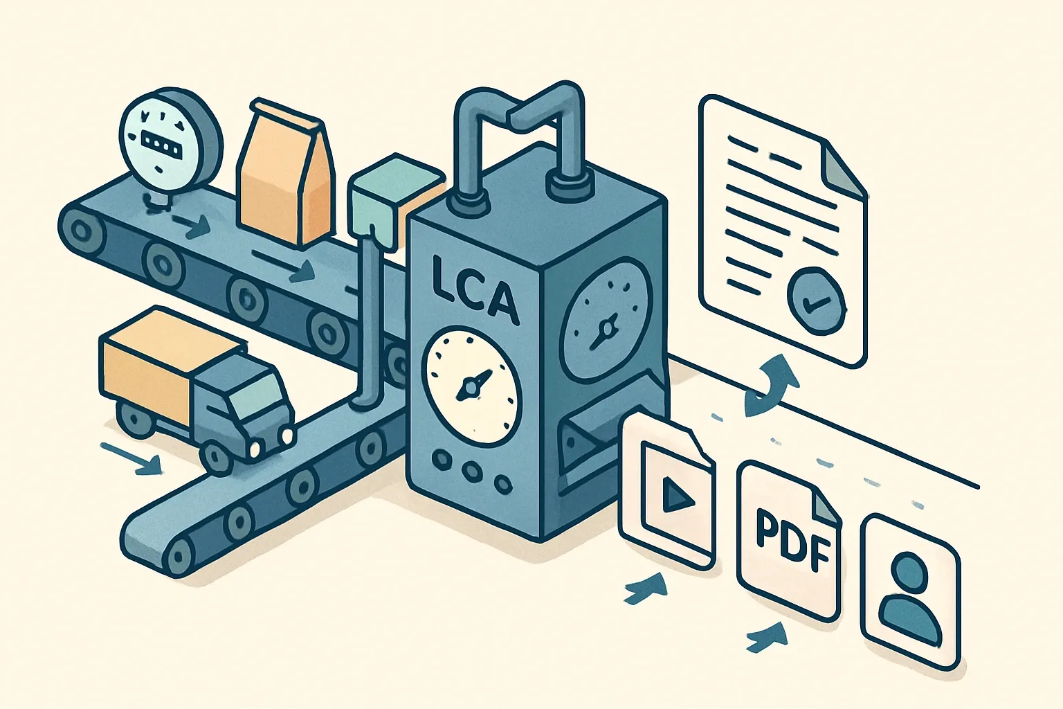 A stylized conveyor where utility meters, material inputs, and transport icons feed a central LCA engine, which outputs a stamped EPD document and digital file icons for different operators.