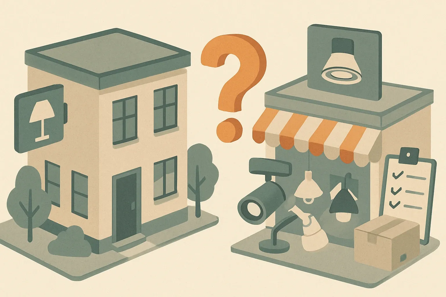 Generate an illustration for an article following this concept:
Element Lighting: what they sell, what EPDs don’t
Quick heads up before anyone chases the wrong brief. The domain elementlighting.com belongs to Element Architectural Lighting Design, a boutique lighting design studio, not a product manufacturer. That means no factory, no SKU catalog, and naturally no Environmental Product Declarations to publish. If project teams say “Element downlights,” they usually mean the Element line now under Visual Comfort Architectural. Different entity, different website, different obligations.
Ensure that you use no text, as this illustration will be used on international translations of the article..
Use an illustrative style (e.g. isometic) and don't generate in a photorealistic style.