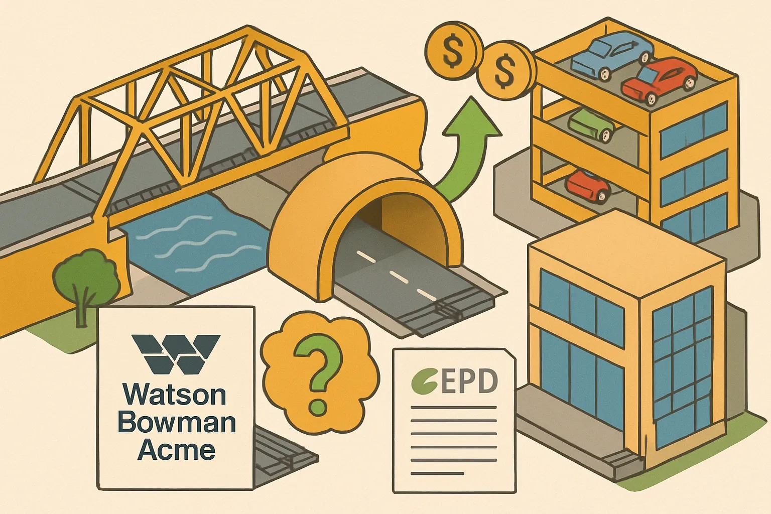 Generate an illustration for an article following this concept:
Watson Bowman Acme: expansion joints, EPD gaps, opportunities
Watson Bowman Acme’s Wabo brand is everywhere joints move: bridges, tunnels, parking decks, and select architectural transitions. It is a focused specialist with dozens of named systems and variants. The commercial opportunity is clear. Where projects favor product‑specific EPDs, missing declarations can quietly filter a product out of shortlists. Here is how their catalog stacks up and where an EPD push would win quick ROI.
Ensure that you use no text, as this illustration will be used on international translations of the article..
Use an illustrative style (e.g. isometic) and don't generate in a photorealistic style.