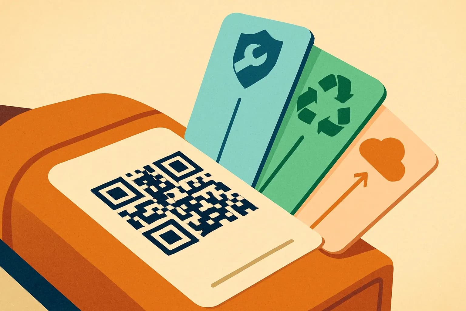A close up of a product label with a scannable code that blossoms into layered cards showing durability, recycled content, and carbon data, visualizing the Digital Product Passport idea.
