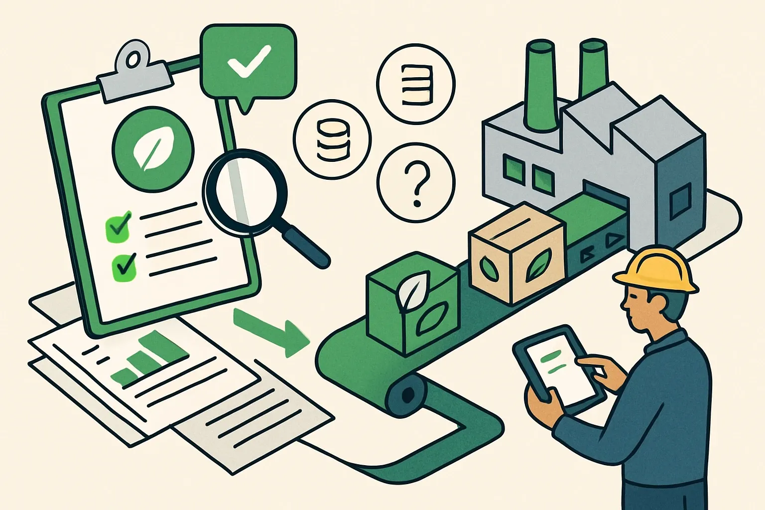 Generate an illustration for an article following this concept:
Streamline Environmental Product Certification in Manufacturing
Environmental product certification should accelerate sales, not slow plants. If specs are slipping to competitors with product‑specific EPDs or HPDs, the issue is rarely the math. It is scattered data, unclear scope, and late verifier surprises. Here is the no‑drama path that keeps engineering focused on making product, while certification moves in parallel.
Ensure that you use no text, as this illustration will be used on international translations of the article..
Use an illustrative style (e.g. isometic) and don't generate in a photorealistic style.