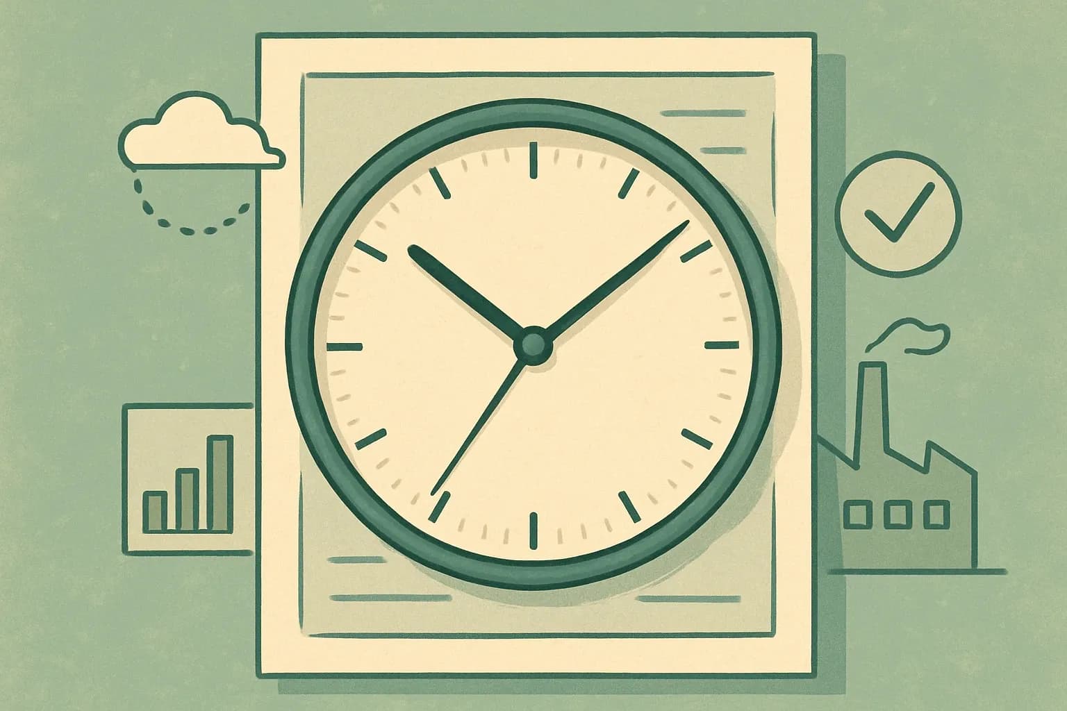 A clean analog clock overlaid on an EPD cover page graphic, with the hands pointing near five to hint at the five‑year cycle, surrounded by subtle icons for data, factory, and verification.