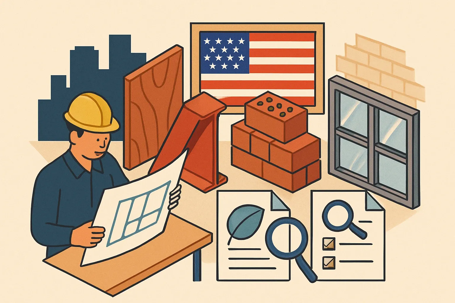 Generate an illustration for an article following this concept:
U.S.-Made Matters In Specs Now
Architects are leaning toward U.S.-manufactured materials for practical reasons. That shift is a commercial opening for building product manufacturers who frame domestic production around resilience, availability, predictability, and product stewardship, then prove it with verified impact data. This short guide shows how to talk about “made here” without politics and how to turn it into spec wins using tight documentation like EPDs and HPDs.
Ensure that you use no text, as this illustration will be used on international translations of the article..
Use an illustrative style (e.g. isometic) and don't generate in a photorealistic style.
