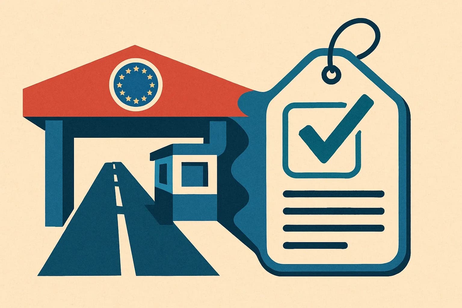 A stylized border gate turning into an EPD label, symbolizing exports from the Balkans entering the EU market with verified data.