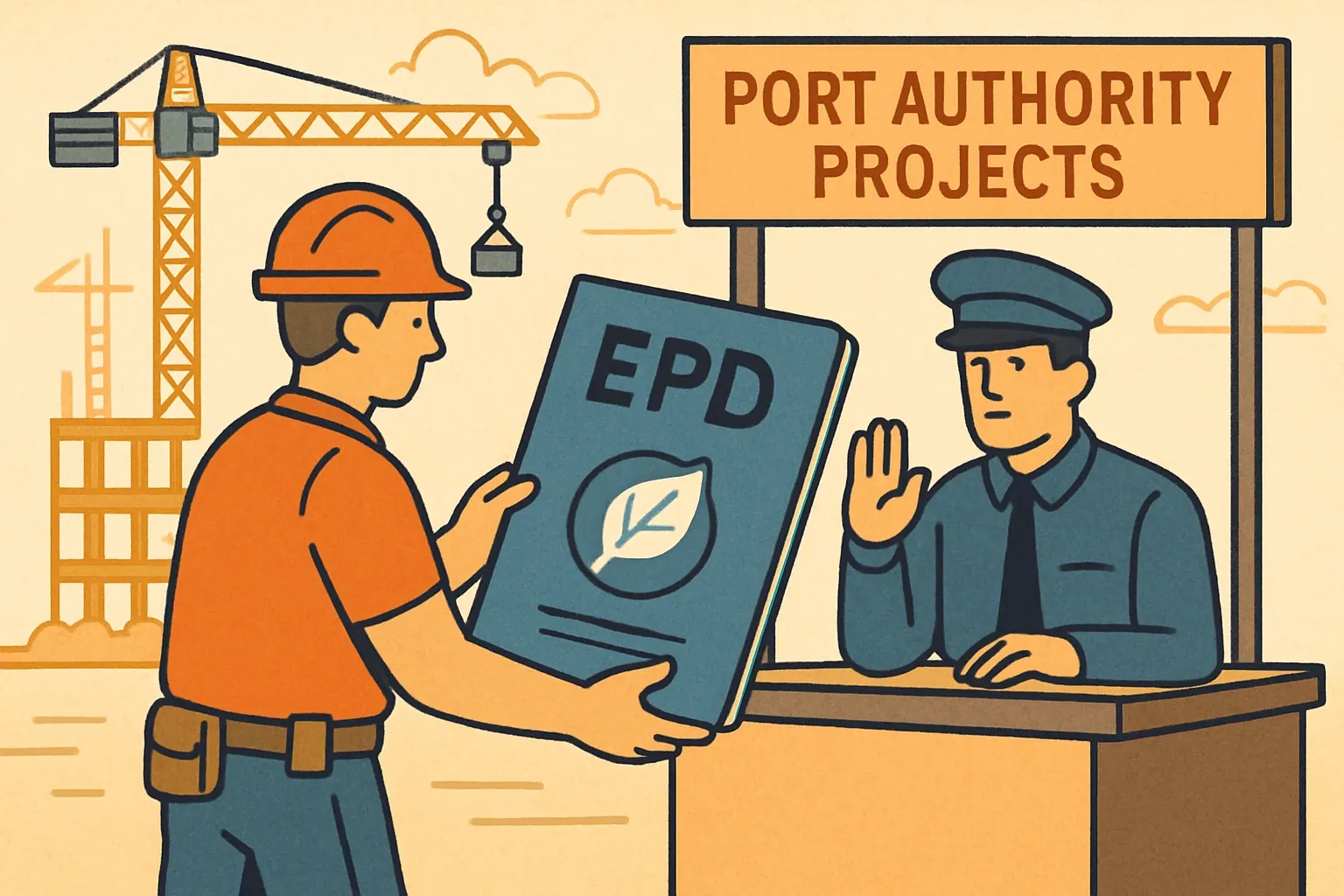 Visual analogy of a contractor holding an oversized EPD document like a passport at a security checkpoint labeled "Port Authority Projects"