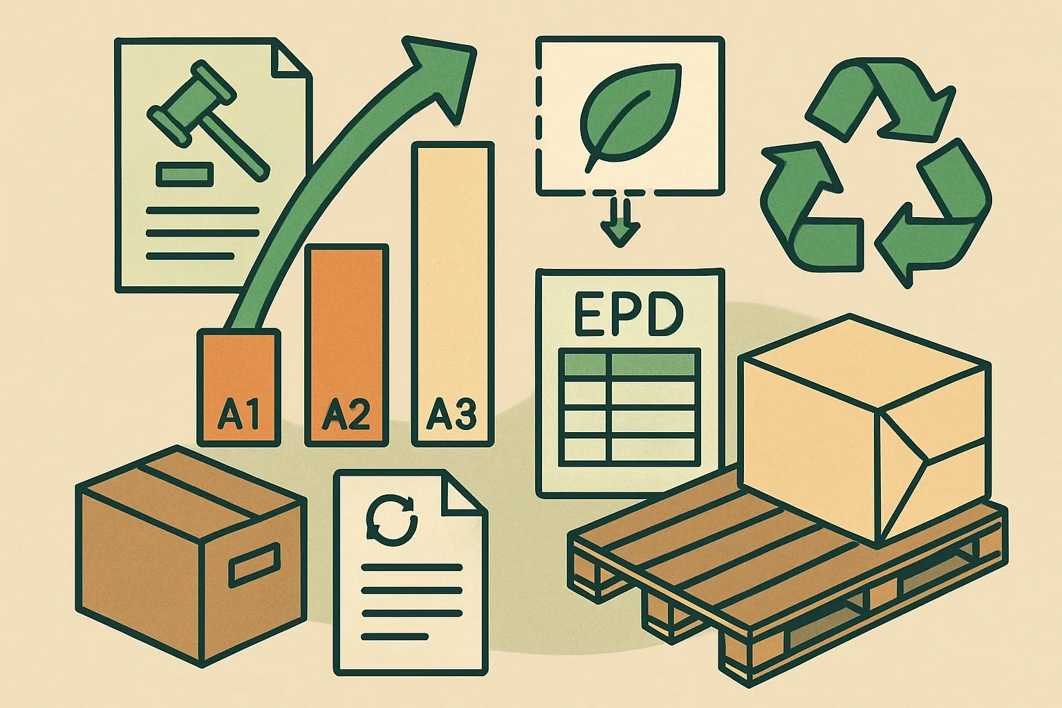 Generate an illustration for an article following this concept:
Biogenic packaging in EN 15804+A2, made simple
GWP‑biogenic can look upside down when packaging contains paper or wood. Cardboard wraps leave the factory as waste, while cartons and pallets may ship with the product. If the life‑cycle model lumps every biogenic flow into A1 to A3 without tracking what leaves when, the EPD tables confuse buyers and slow down reviews. Here is a compact playbook to separate signals from noise and document assumptions so verifiers ask fewer questions and sales teams get cleaner numbers.
Ensure that you use no text, as this illustration will be used on international translations of the article..
Use an illustrative style (e.g. isometic) and don't generate in a photorealistic style.