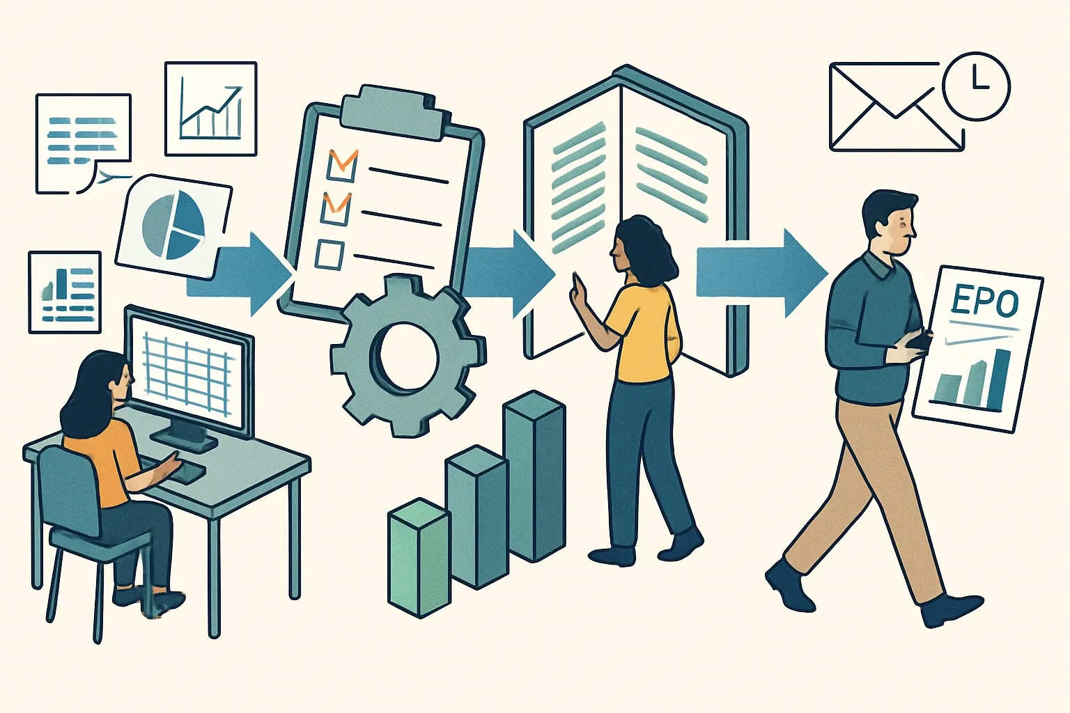 Generate an illustration for an article following this concept:
Streamlining the EPD Process, Step by Step
You can get a credible EPD without turning your plant into a research lab. The trick is organizing data once, choosing the right rulebook, and removing handoffs that slow everyone down. Here is the playbook manufacturers use to go from scattered spreadsheets to a publishable declaration with less stress and fewer late‑night emails.
Ensure that you use no text, as this illustration will be used on international translations of the article..
Use an illustrative style (e.g. isometic) and don't generate in a photorealistic style.