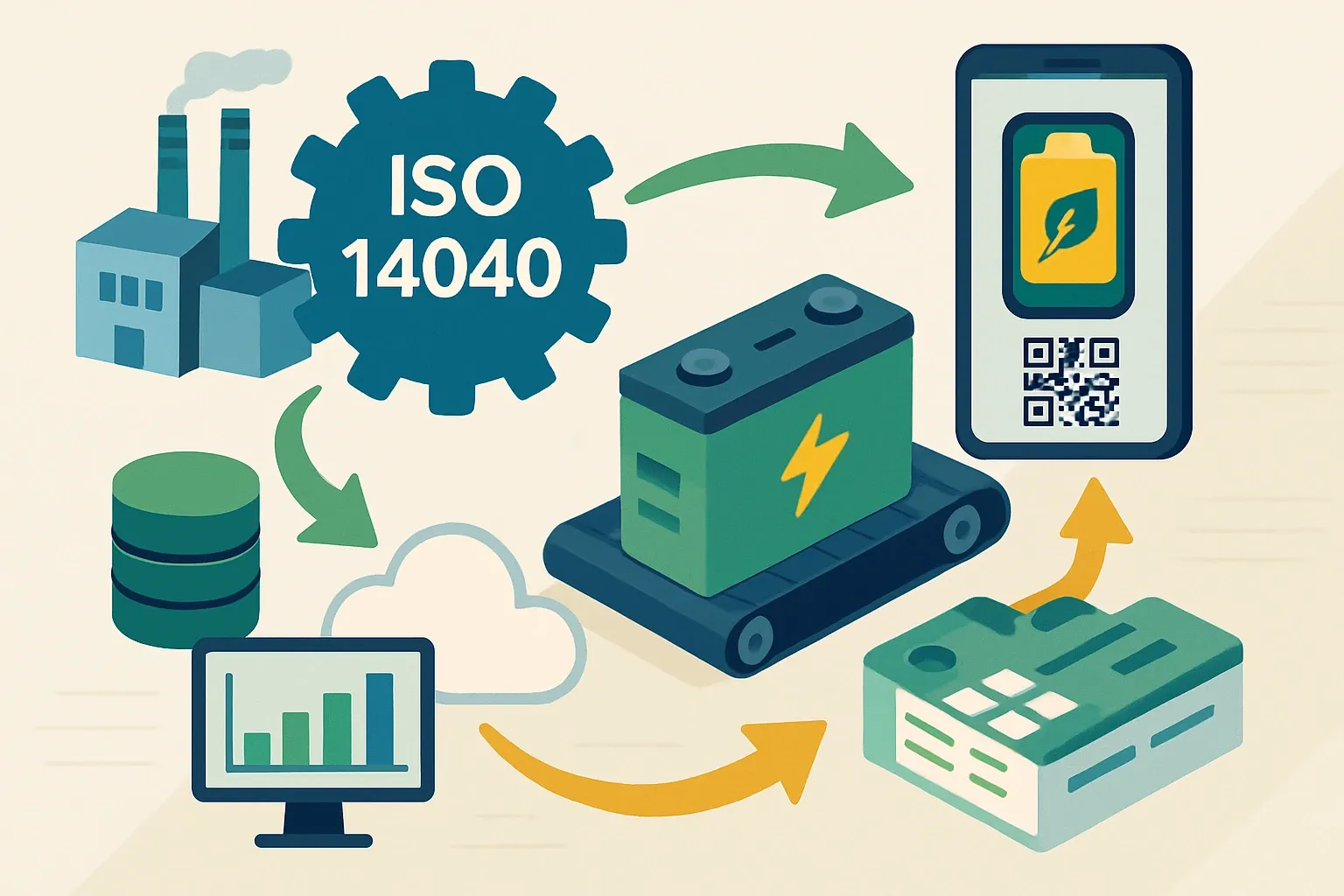 Generate an illustration for an article following this concept:
ISO 14040 LCAs for the EU Battery Regulation
Battery carbon footprints now gate EU market access. The twist is that the required numbers are model‑ and plant‑specific, verified, and destined for a digital passport. Most manufacturers already hold 80% of what’s needed in ERPs, MES, EMS, and spreadsheets. The gap is structure, not existence. Build an LCA data pipeline that ingests messy factory reality and outputs ISO‑consistent results that can be refreshed without redoing the whole study. Here’s how to make your data work for you, not the other way around.
Ensure that you use no text, as this illustration will be used on international translations of the article..
Use an illustrative style (e.g. isometic) and don't generate in a photorealistic style.
