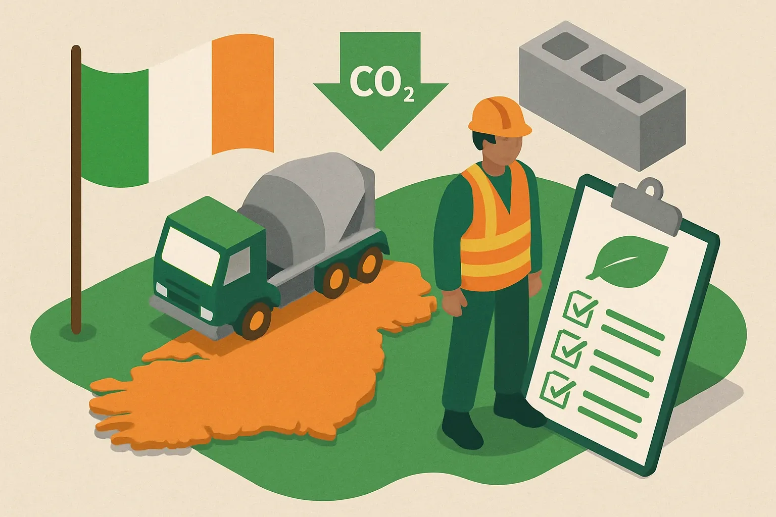 Generate an illustration for an article following this concept:
Ireland’s Low‑Carbon Concrete Procurement, Explained
Selling into Irish public projects just got simpler and stricter. From design starts on 1 September 2024, public buyers expect low‑carbon mixes and clear proof. Here’s what changed, why it matters commercially, and the fastest way to be bid‑ready without turning your technical team into full‑time paperwork wranglers.
Ensure that you use no text, as this illustration will be used on international translations of the article..
Use an illustrative style (e.g. isometic) and don't generate in a photorealistic style.