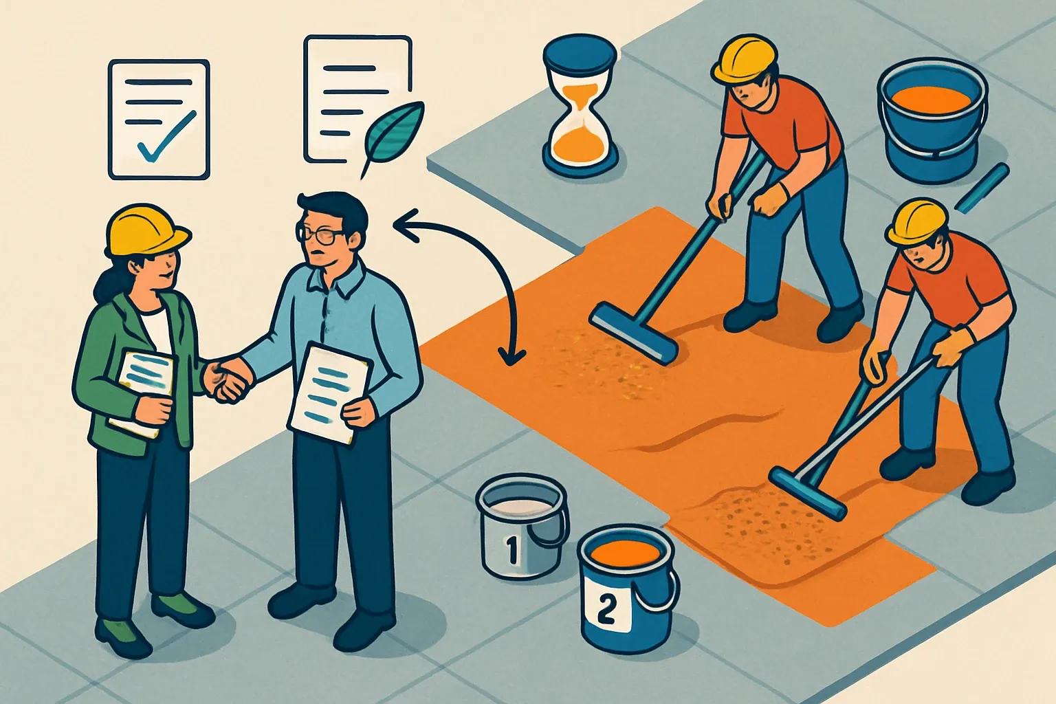 Generate an illustration for an article following this concept:
Best EPD partners for resinous flooring that deliver
Resinous flooring lives at the messy crossroads of chemistry and construction. Two‑component mixes, broadcast aggregates, variable recoat cycles, and site waste can trip up an otherwise fine LCA. The right EPD partner makes that complexity feel simple, so your team keeps building the product while the paperwork moves forward with no drama.
Ensure that you use no text, as this illustration will be used on international translations of the article..
Use an illustrative style (e.g. isometic) and don't generate in a photorealistic style.