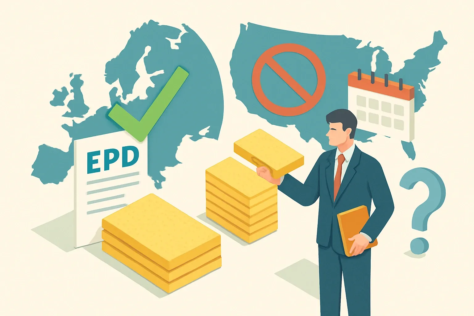 Generate an illustration for an article following this concept:
Does an industry-wide EPD exist for PIR insulation?
Short answer for busy teams: in Europe there is a current sector average EPD for PIR rigid foam boards via a national trade association. In the United States, the association average EPDs for polyiso lapsed in 2025 and have not been re-published as of December 2025. If winning specs is on the line, a product‑specific PIR EPD is the safer commercial play.
Ensure that you use no text, as this illustration will be used on international translations of the article..
Use an illustrative style (e.g. isometic) and don't generate in a photorealistic style.