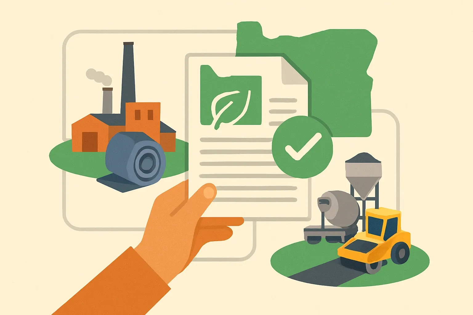 Generate an illustration for an article following this concept:
Buy Clean Oregon, Decoded
Oregon’s Buy Clean law is no longer a rumor. If you sell concrete, asphalt, or steel into Oregon Department of Transportation projects, Environmental Product Declarations have moved from nice-to-have to must‑have. The near-term play is simple. Get plant‑specific EPDs in place for mixes and mills that actually serve ODOT jobs, or risk watching qualified competitors claim that scope while you scramble.
Ensure that you use no text, as this illustration will be used on international translations of the article..
Use an illustrative style (e.g. isometic) and don't generate in a photorealistic style.