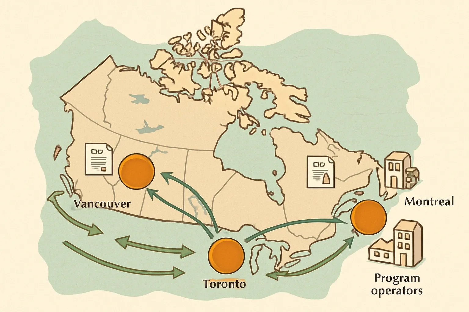 A clean map of Canada highlighting major distribution regions, with circular nodes for Montreal, Toronto, Vancouver and cross‑border supply arrows. Small icons next to nodes indicate EPD availability and program operators.
