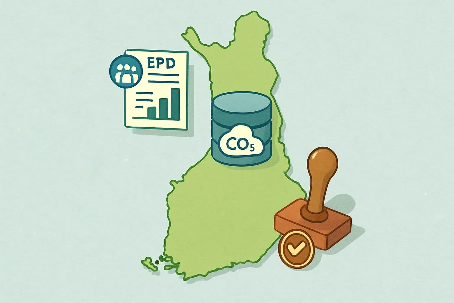 A clean map of Finland showing icons for program operators, a database icon for CO2data, and a permit stamp to represent the 2026 climate report requirement.