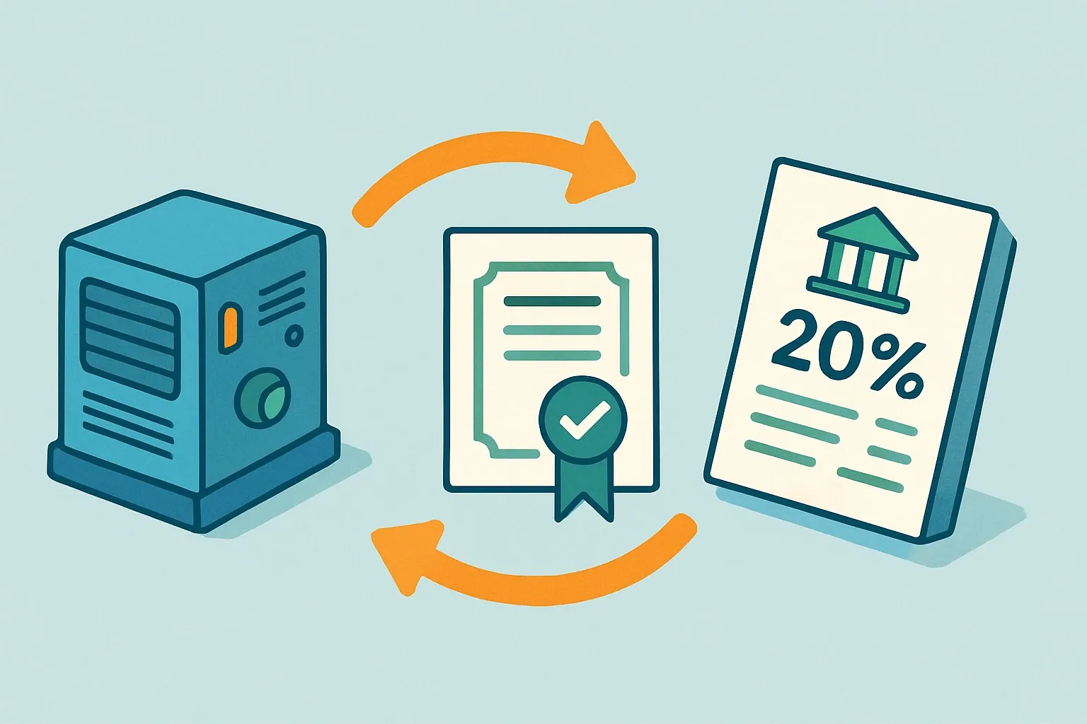 A simple visual showing how the 20 percent credit flows from equipment purchase through DEQ certification to tax filing.