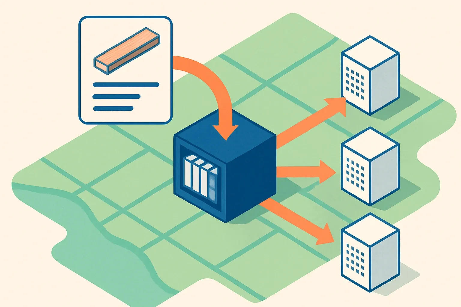 A simple map graphic showing a product card flowing into a program operator library, then branching into national data hubs like INIES, symbolizing discovery by specifiers.