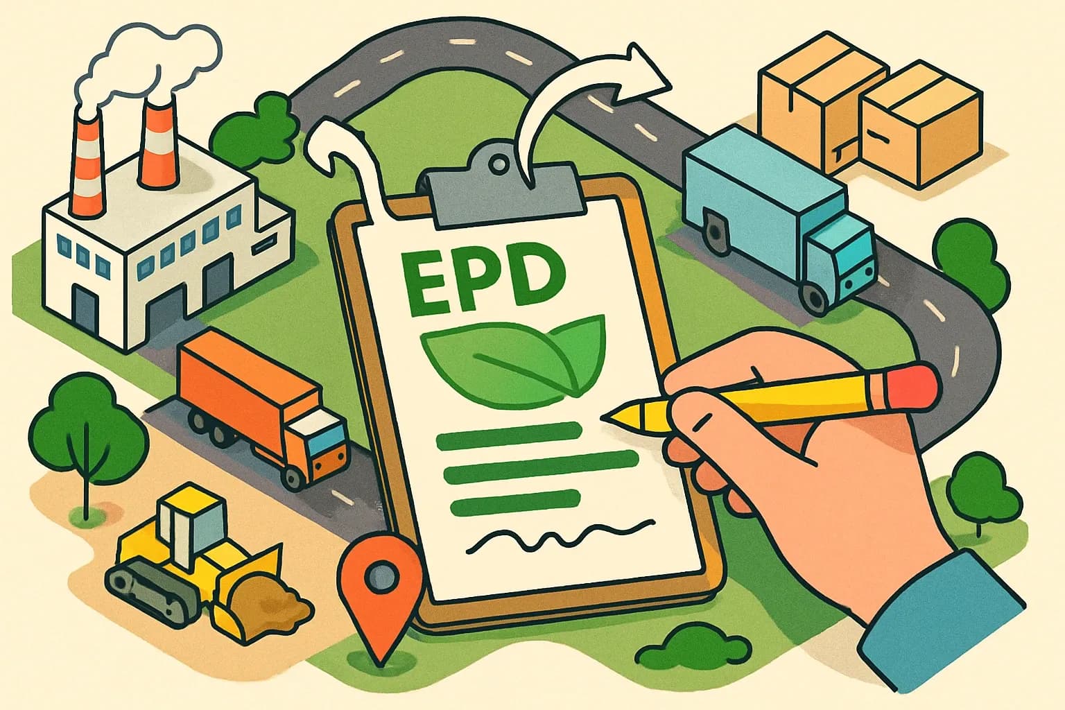 Generate an illustration for an article following this concept:
EPDs that keep up with change
Plants get retooled, suppliers shift, and lanes get rerouted. Yet bids still ask for current, verifiable, facility specific EPDs. The trick is turning operational change into controlled updates rather than restarts. Here is the playbook to keep declarations aligned with reality and ready for specs, even when the ground keeps moving.
Ensure that you use no text, as this illustration will be used on international translations of the article..
Use an illustrative style (e.g. isometic) and don't generate in a photorealistic style.