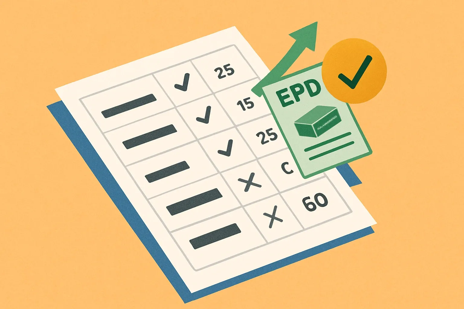 A clean, stylized bid score sheet where a product‑specific EPD card boosts the overall score from borderline to winning, emphasizing how verified data nudges the MEAT outcome.