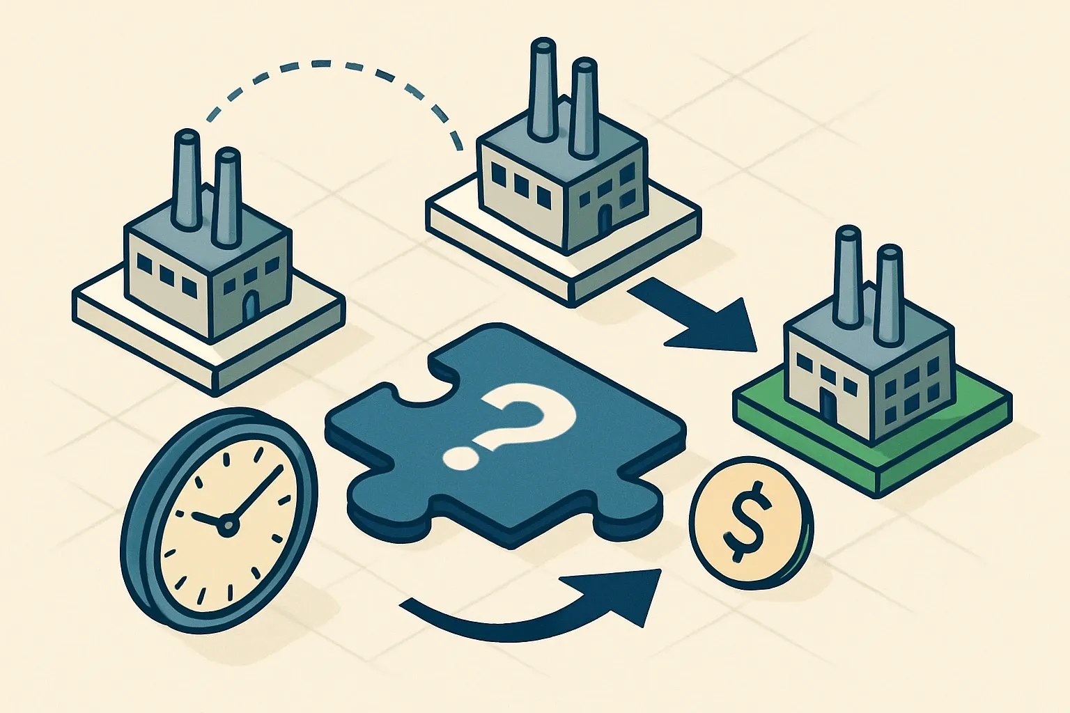 Generate an illustration for an article following this concept:
EPD timing when plants move
Consolidating plants creates a timing puzzle. Publish on legacy sites to stay bid‑eligible, wait a year for the new facility to stabilize, or go prospective and update later. The right call protects revenue and avoids paying twice for the same declaration.
Ensure that you use no text, as this illustration will be used on international translations of the article..
Use an illustrative style (e.g. isometic) and don't generate in a photorealistic style.