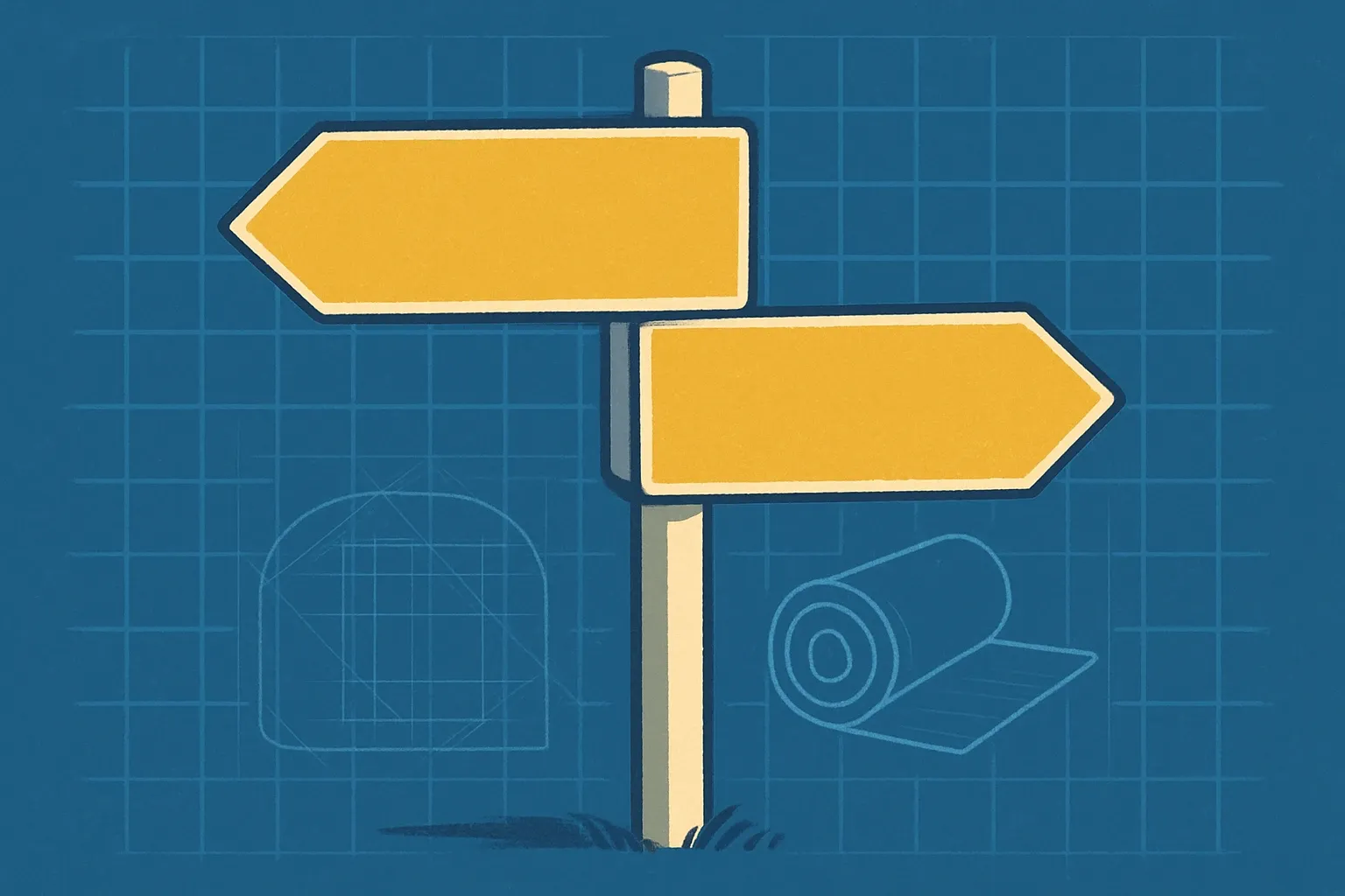 A road sign with two clean arrows labeled “UL Part B” and “c‑PCR EN 16783,” set against a blueprint grid with an insulation roll icon, signaling the choice of PCR path.