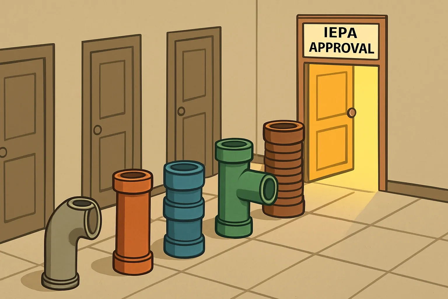 Visual: A building corridor with several closed doors leading to a brightly lit single door labeled “IEPA Approval,” with different pipe products queueing in line.