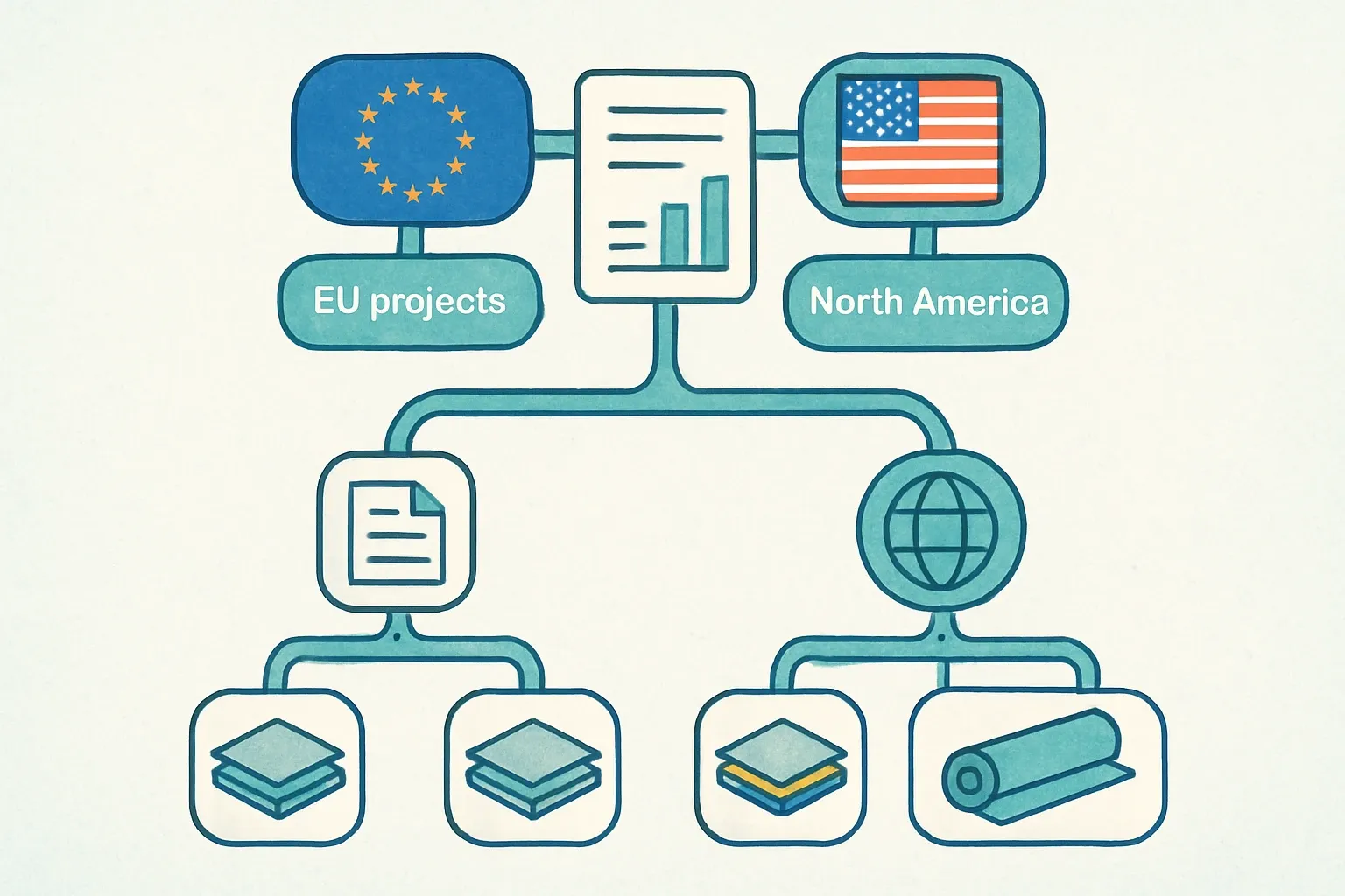 A clean flowchart that starts with two branches labeled EU projects and North America projects, splitting into EN 15804 main PCR 2019:14 and ISO 21930 Part B options, then narrowing to vinyl subcategories like LVT, SPC, WPC, sheet.