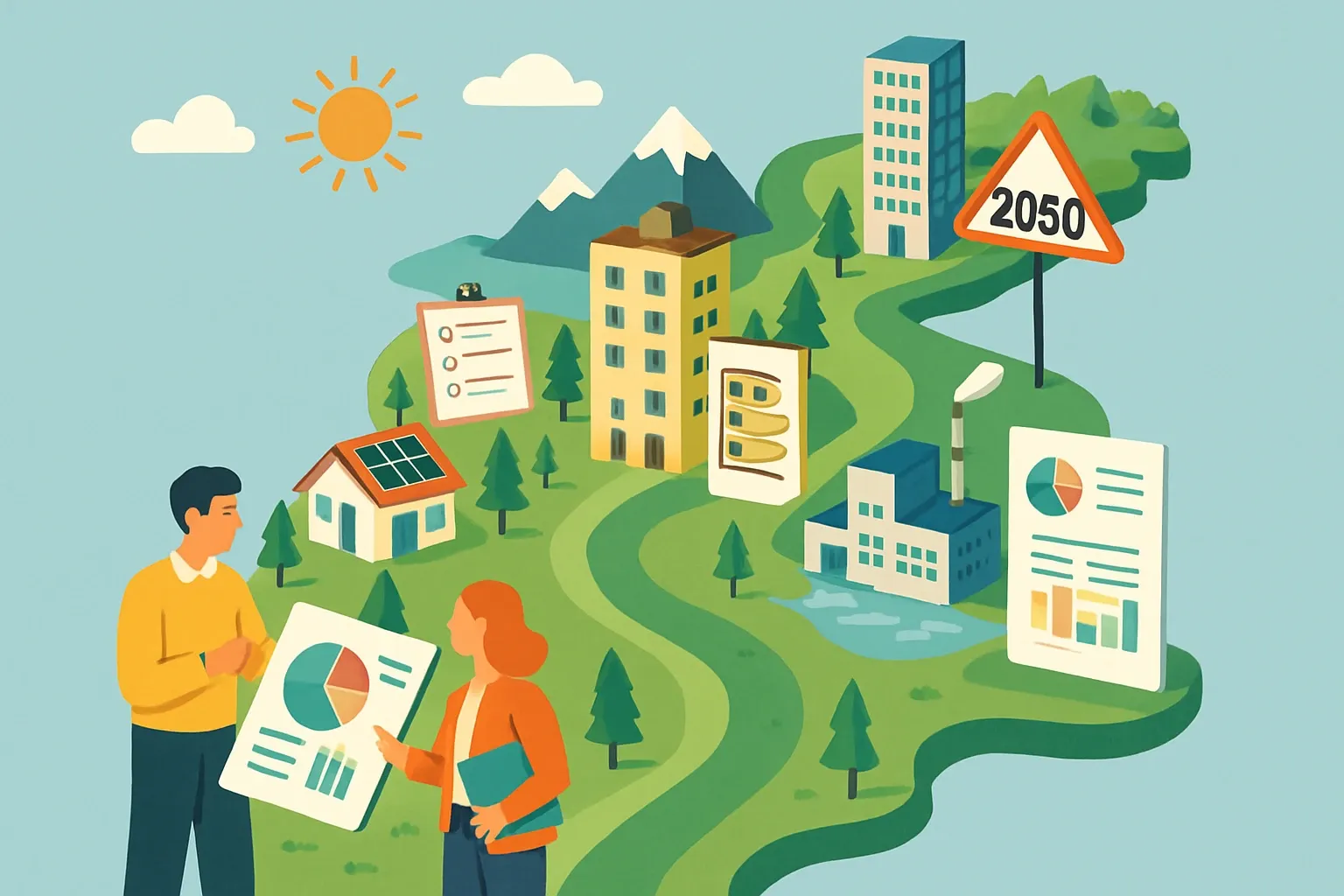 Generate an illustration for an article following this concept:
Norway’s real estate roadmap to 2050, explained
Selling into Norway’s built environment is changing fast. Climate accounts are now part of building permits, EPDs influence which materials make it into specs, and company reporting rules are tightening. Here’s what the Property Sector Roadmap toward 2050 means for manufacturers who want to stay on the shortlist without turning every bid into a fire drill.
Ensure that you use no text, as this illustration will be used on international translations of the article..
Use an illustrative style (e.g. isometic) and don't generate in a photorealistic style.