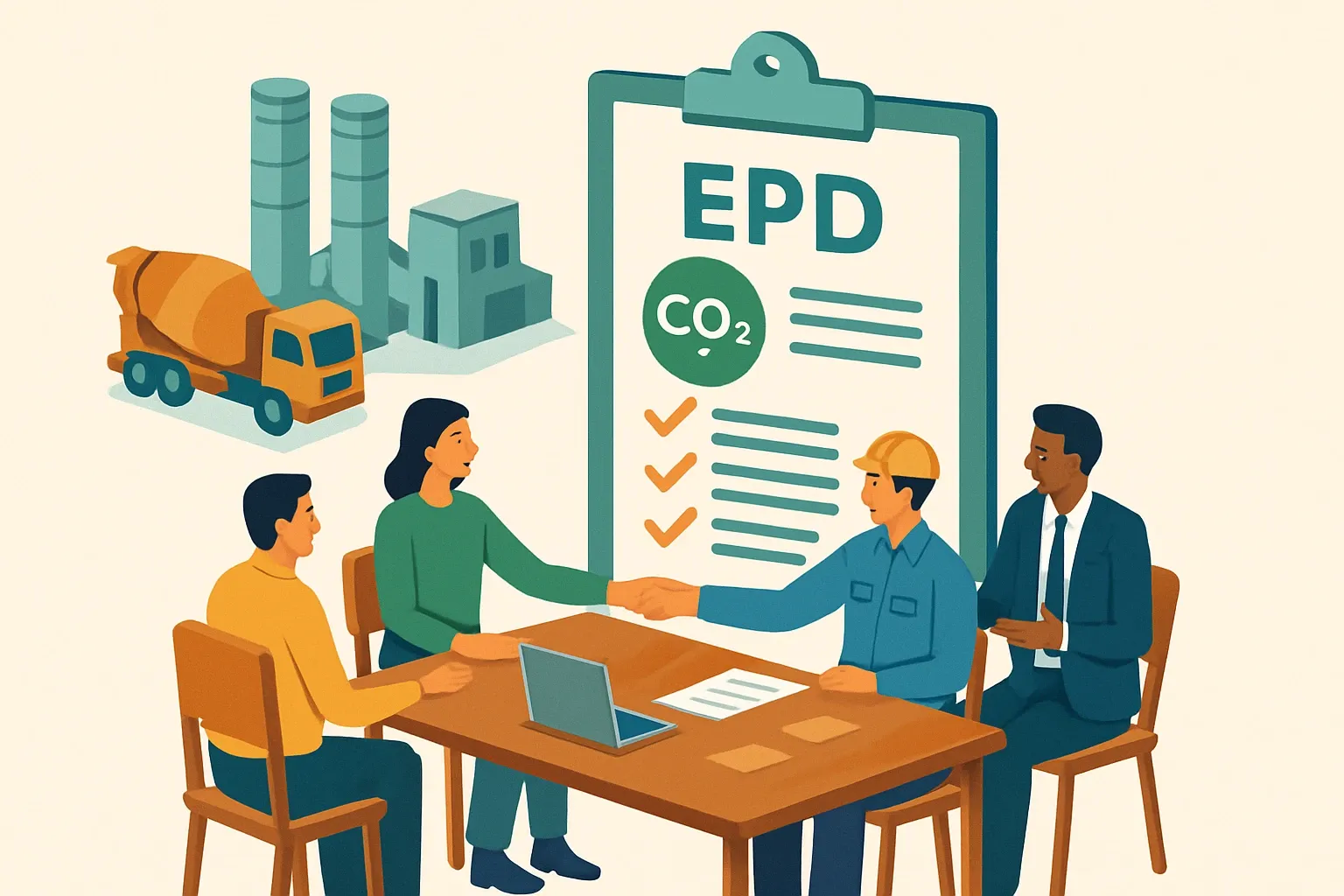 Generate an illustration for an article following this concept:
Congrats, Stoneway Concrete’s first EPDs land
Stoneway Concrete has entered the transparency arena. In September 2025, the Seattle‑area producer published its first Environmental Product Declarations, arming specifiers with third‑party verified data and giving sales teams a stronger seat at the table when bids ask for documentation. In markets where owners increasingly request product‑specific EPDs for submittals, showing up with clean, verifiable numbers keeps mixes and companion materials in scope rather than swapped late for a rival that has them ready.
Ensure that you use no text, as this illustration will be used on international translations of the article..
Use an illustrative style (e.g. isometic) and don't generate in a photorealistic style.