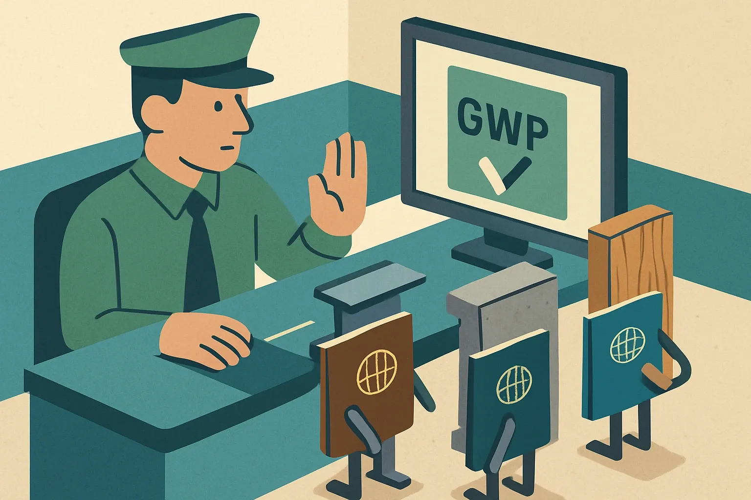 A stylized airport customs desk where concrete, steel, and timber products present passports labeled EPD, HPD, and Facility Info, with a kiosk screen showing a simple GWP field and a green check.