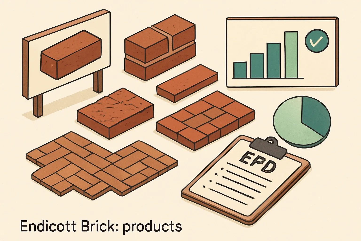 Generate an illustration for an article following this concept:
Endicott Brick: products and EPD coverage snapshot
Endicott is a century-old U.S. brickmaker with a deep bench of face brick, thin brick, pavers, and glazed options. If your specs increasingly call for Environmental Product Declarations, here is how well their portfolio is covered today and where a targeted EPD push could unlock more bids.
Ensure that you use no text, as this illustration will be used on international translations of the article..
Use an illustrative style (e.g. isometic) and don't generate in a photorealistic style.
