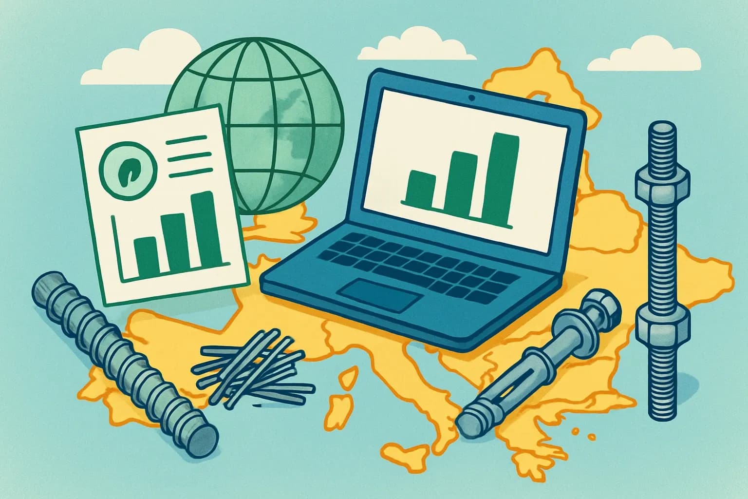 Generate an illustration for an article following this concept:
EPDs for Bulk Materials in Europe: The ultimate data guide
Planning EPDs for bulk materials in Europe in 2026 should feel clear, not cryptic. Here is the most complete, data-backed snapshot we have for construction fixings, steel fibers, anchors and related bulk items in the region, so you can decide what to publish, where, and when.
Ensure that you use no text, as this illustration will be used on international translations of the article..
Use an illustrative style (e.g. isometic) and don't generate in a photorealistic style.