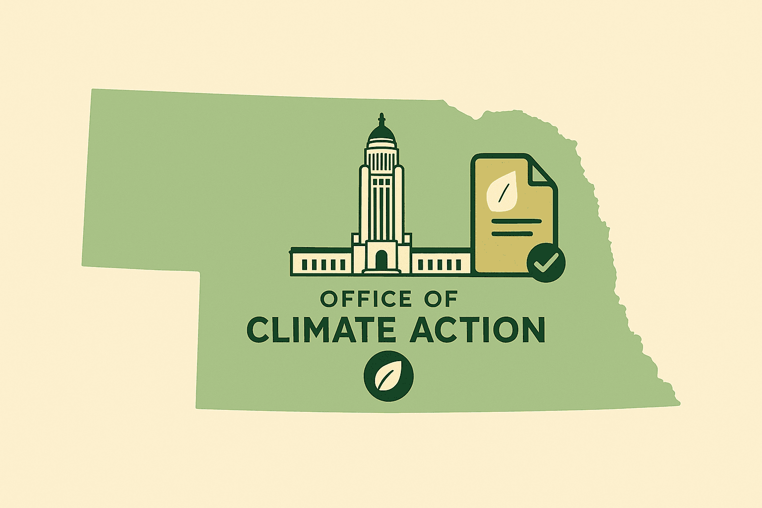 Nebraska state map with a green "Office of Climate Action" emblem appearing inside the Capitol dome