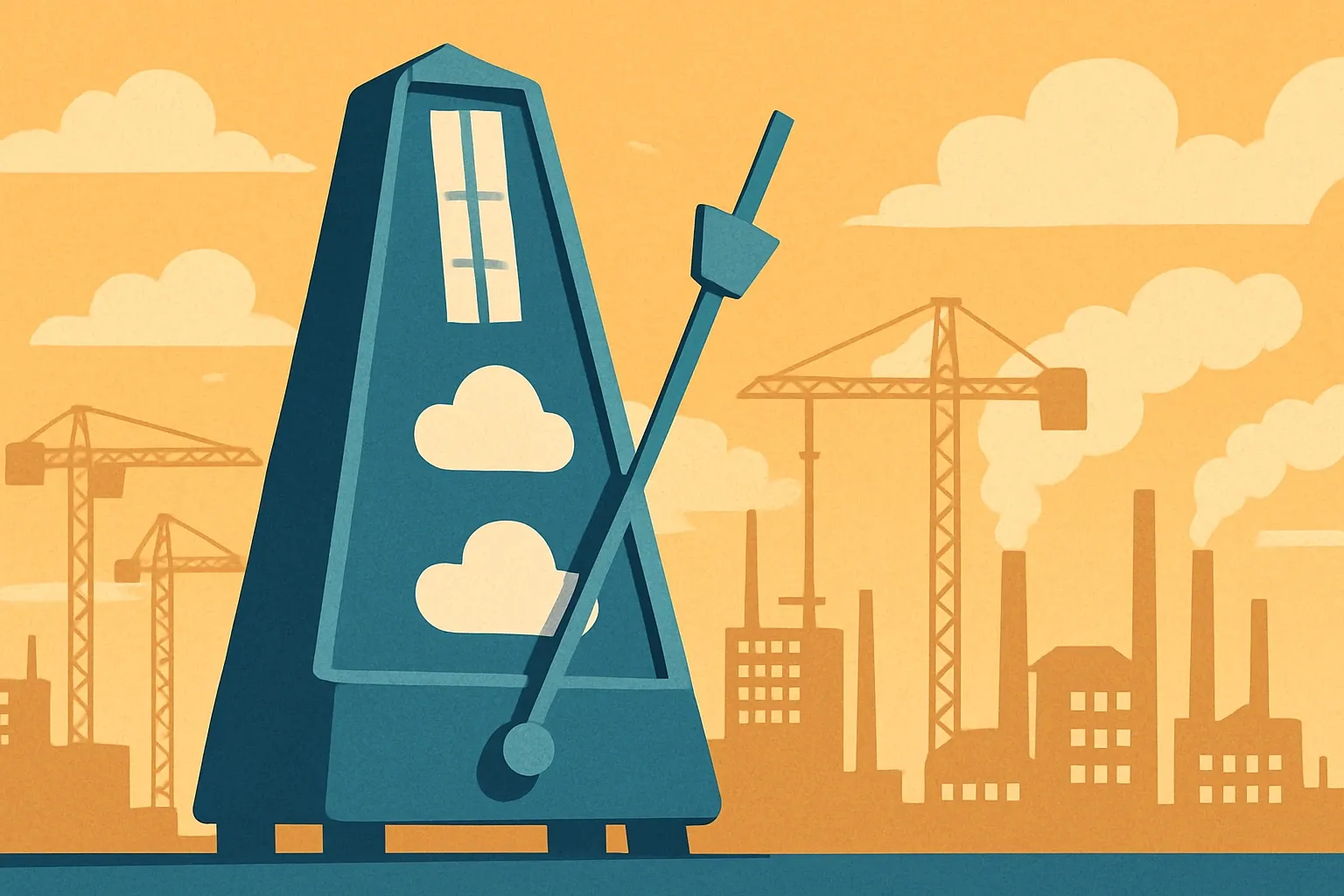 A giant metronome labeled with cloud icons sets a steady beat across a skyline of cranes and factories, symbolizing hyperscalers driving synchronized procurement standards.