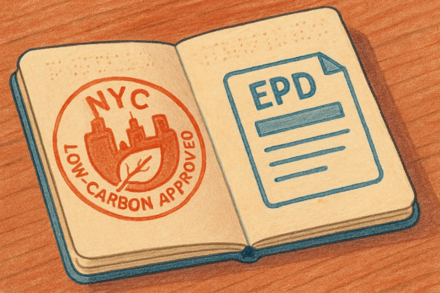 A passport page stamped with 'NYC Low-Carbon Approved' next to a simplified EPD document icon.