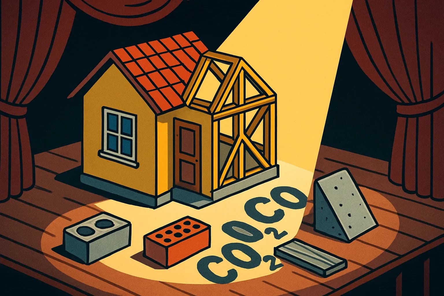 A house on a theater stage where a bright spotlight highlights individual building materials casting CO₂-shaped shadows.